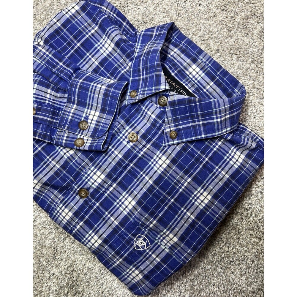 Ariat Boys Pro Series Long Sleeve Plaid Button Down Shirt XL Blue Black White
